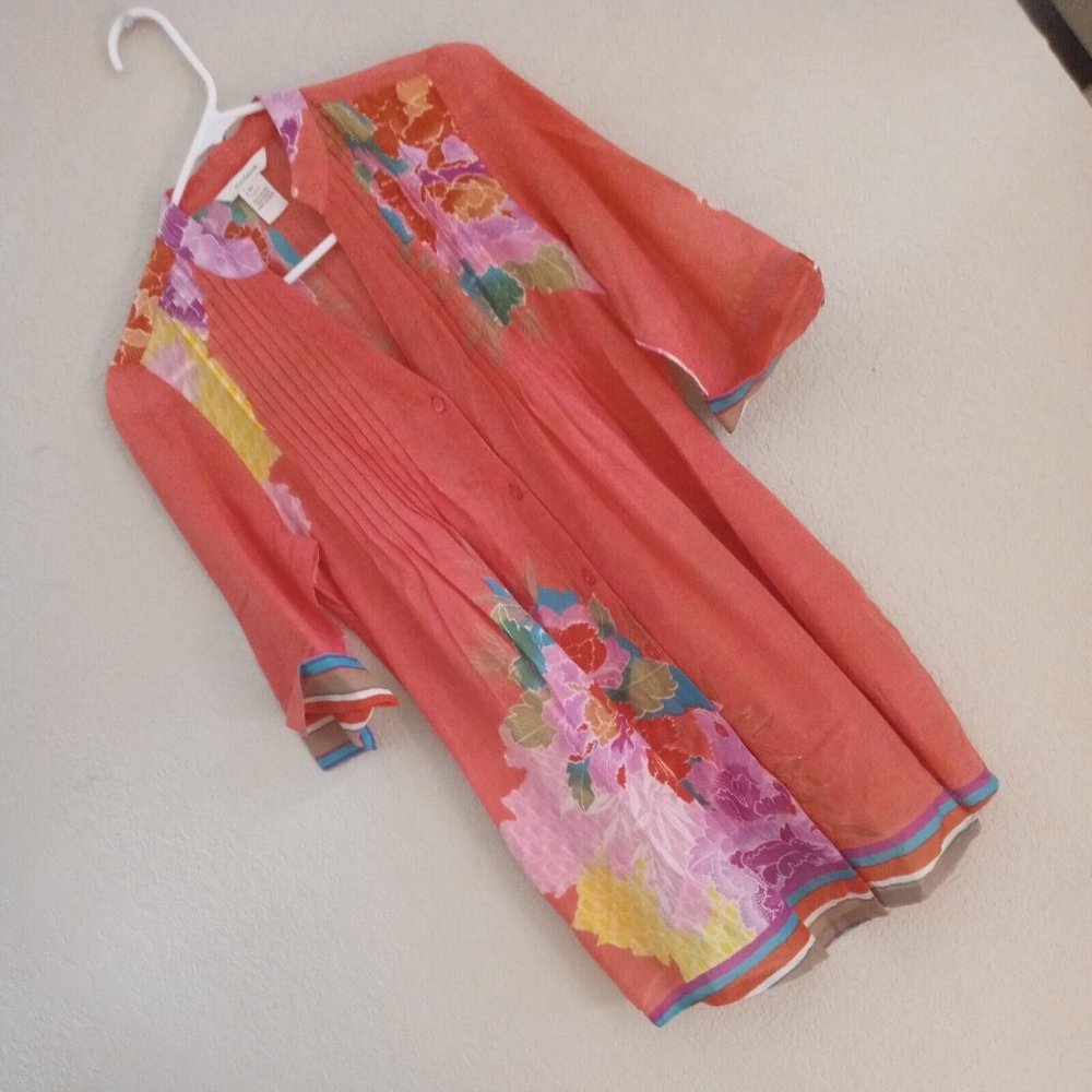 Sundance Orange With Floral Print Tunic Blouse 100% Cotton Size Xsmall